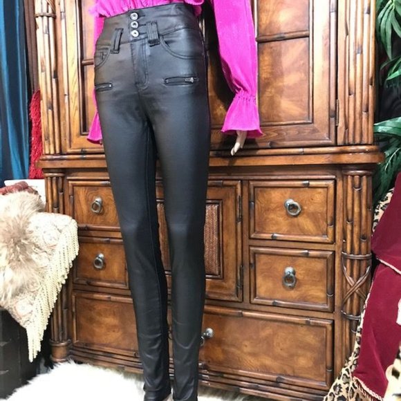 Faux Leather High Waist Stretch Cotton Double Loop Jean - Picture 4 of 9